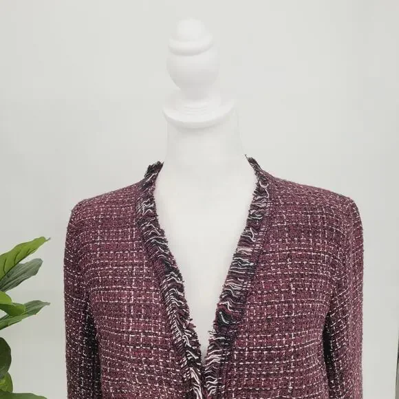 White House Black Market Womens Sz 10 Burgundy Tweed Fringe Blazer Heritage Chic - Picture 3 of 11